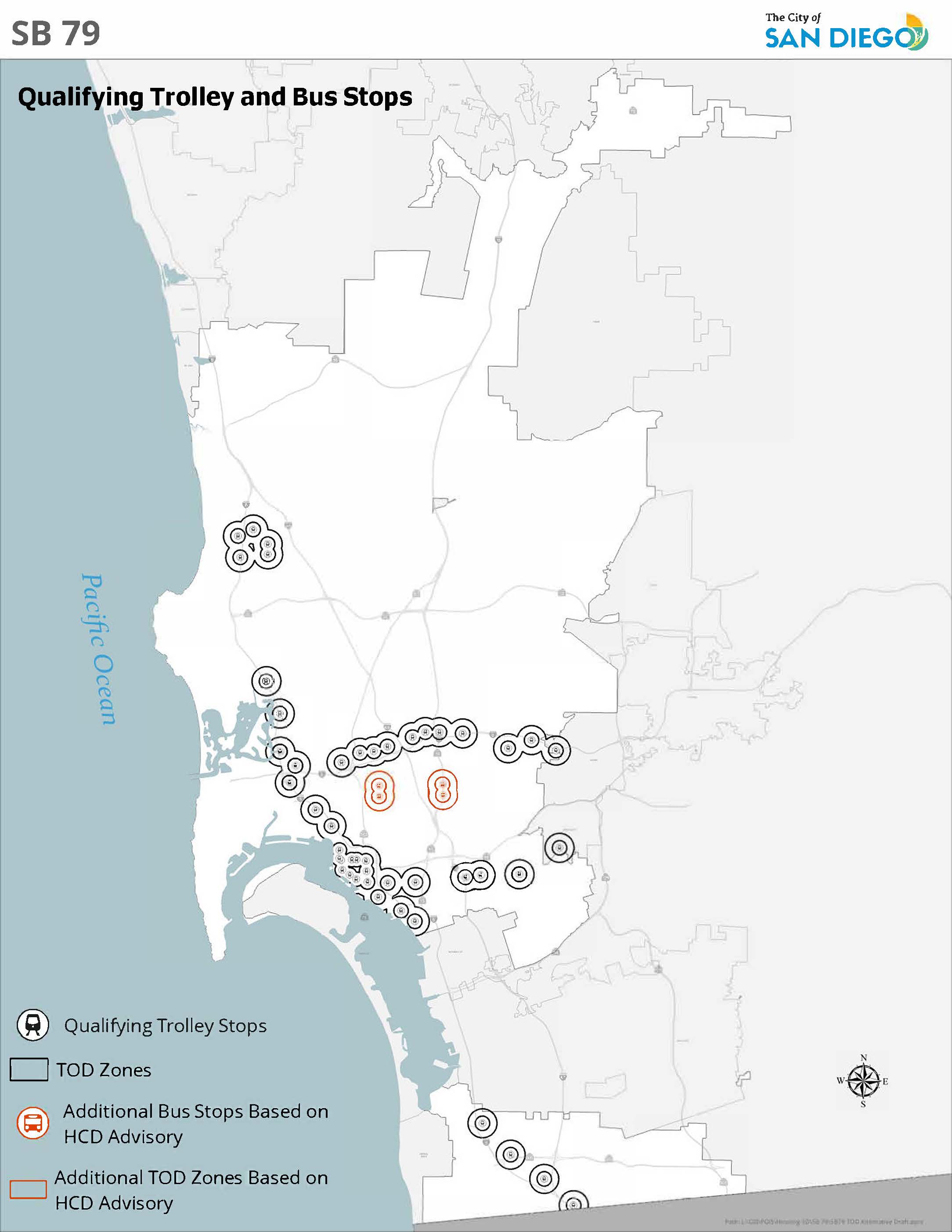 Map showing areas within half a mile of a trolley stop