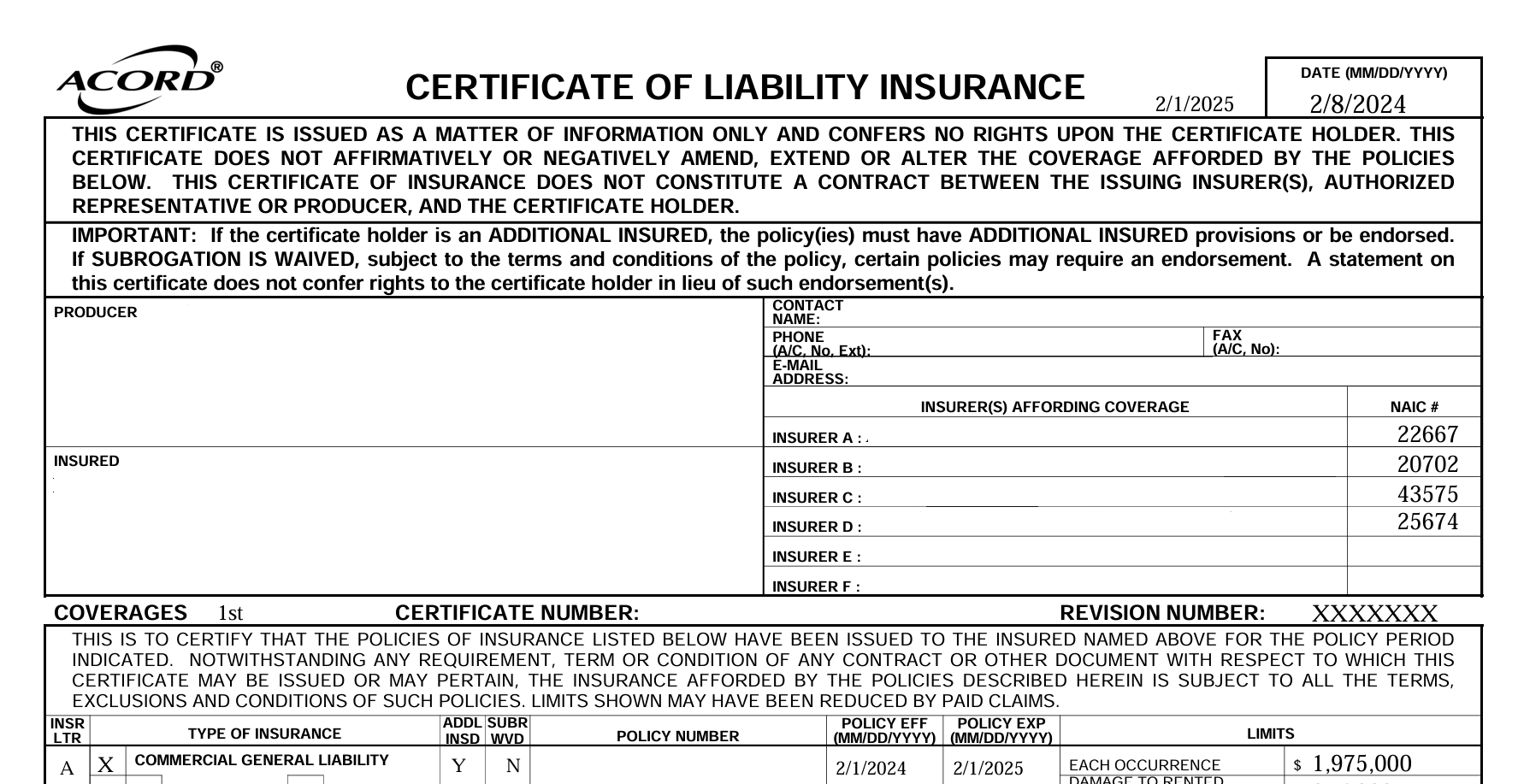 Certificate of liability insurance Certificate of liability insurance