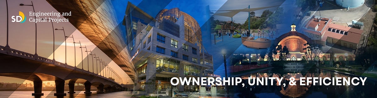 Photo collage of city engineering projects, bridge, library, park with text Ownership, Unity & Efficiency