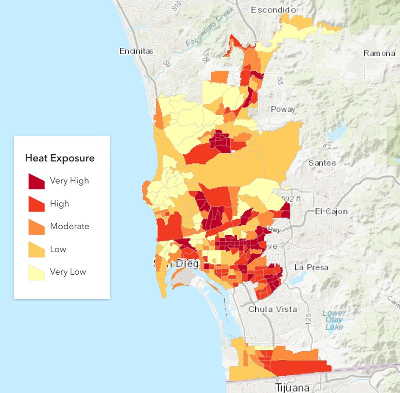 Map depicting very high to very low heat exposure areas in San Diego