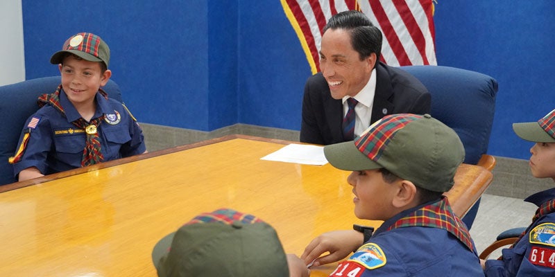 Mayor Gloria with Boy Scouts