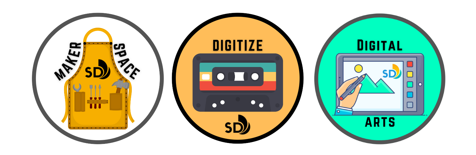 IDEA Lab logo for Makerspace (Apron) Digitze (cassette) and Digital Arts (Tablet)