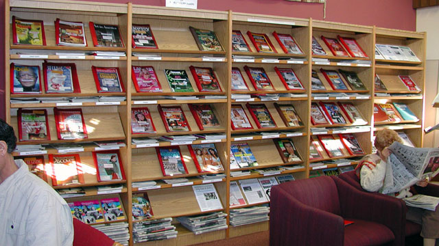 Magazine rack inside the Allied Gardens/Benjamin Library