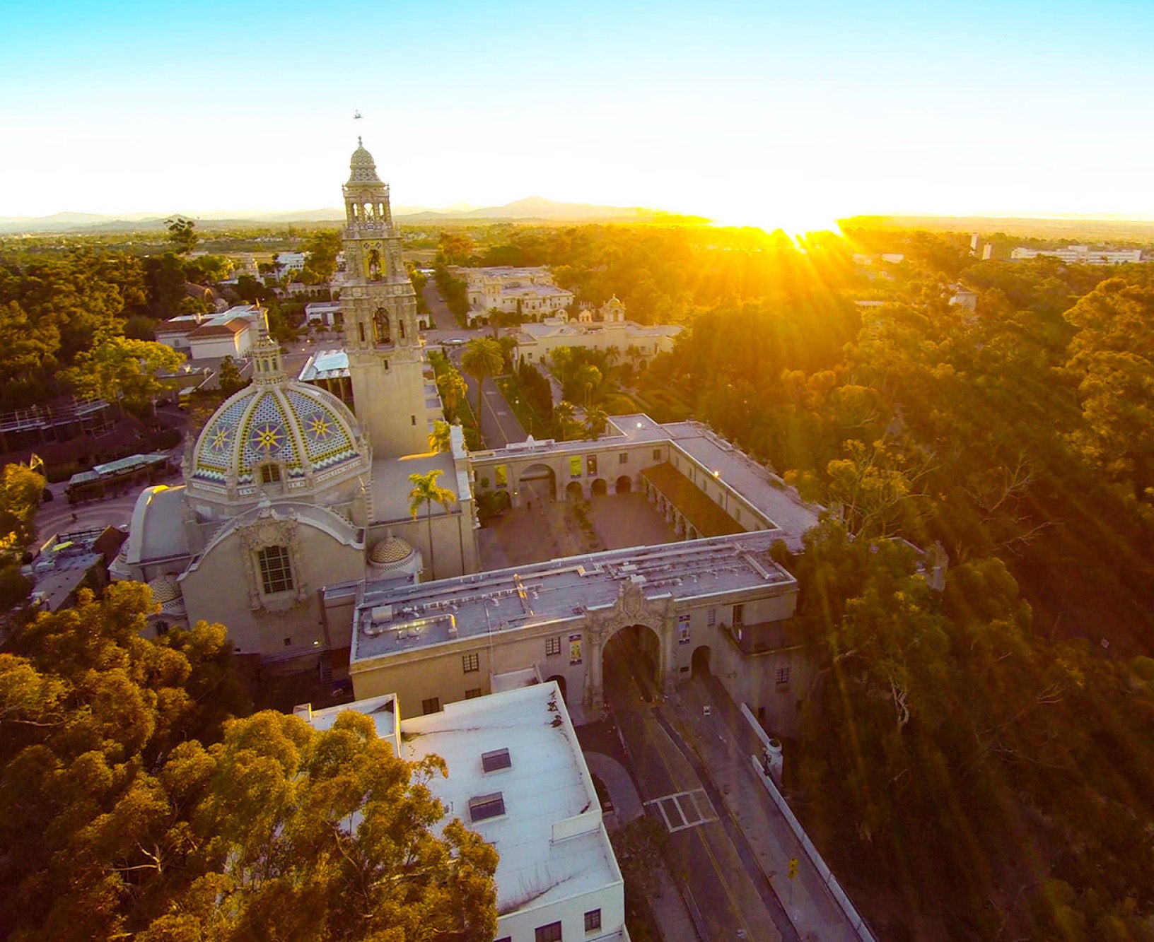 Balboa Park overhead shot at sunset