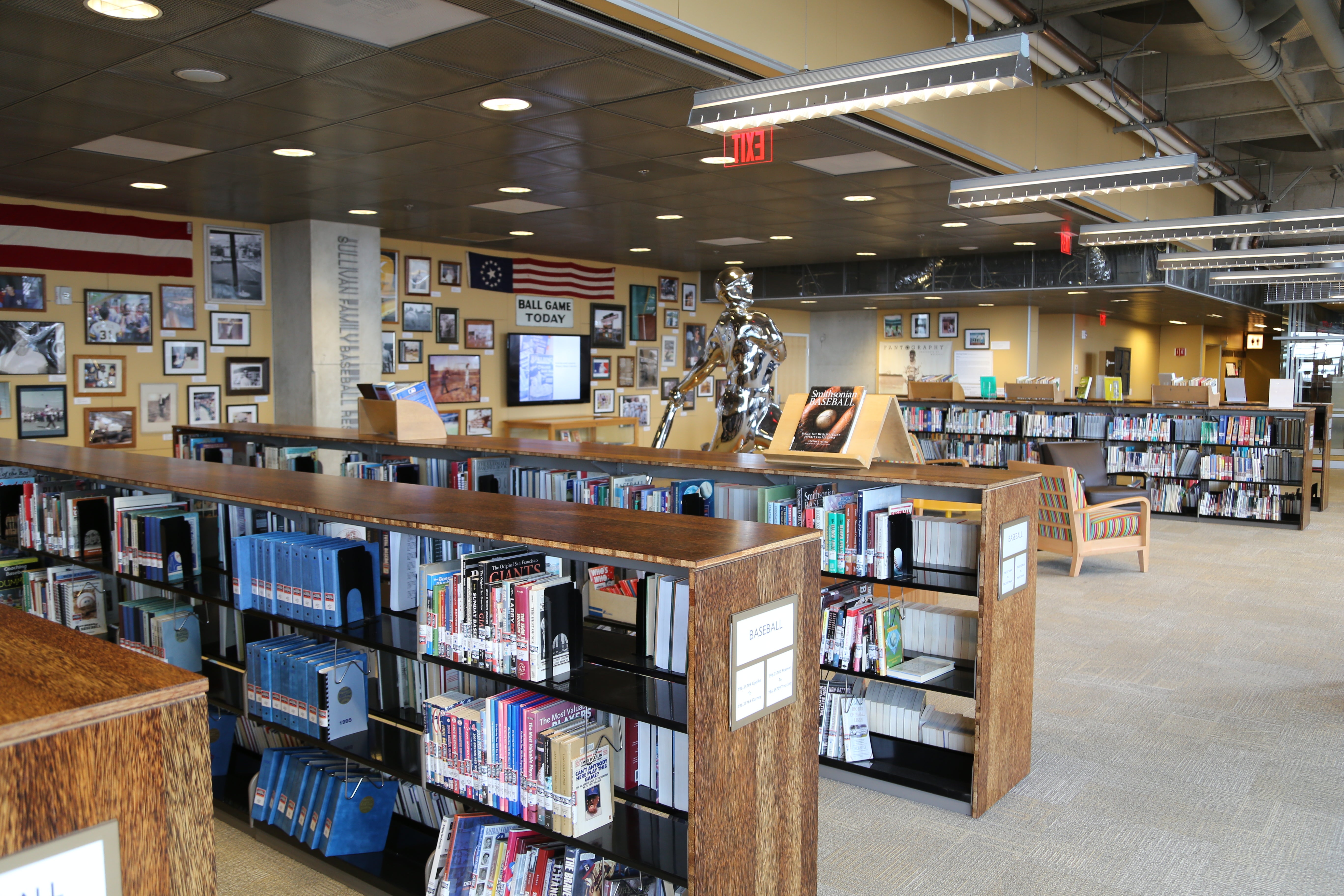Photo of books and publications in the Sullivan Family Baseball Research Center
