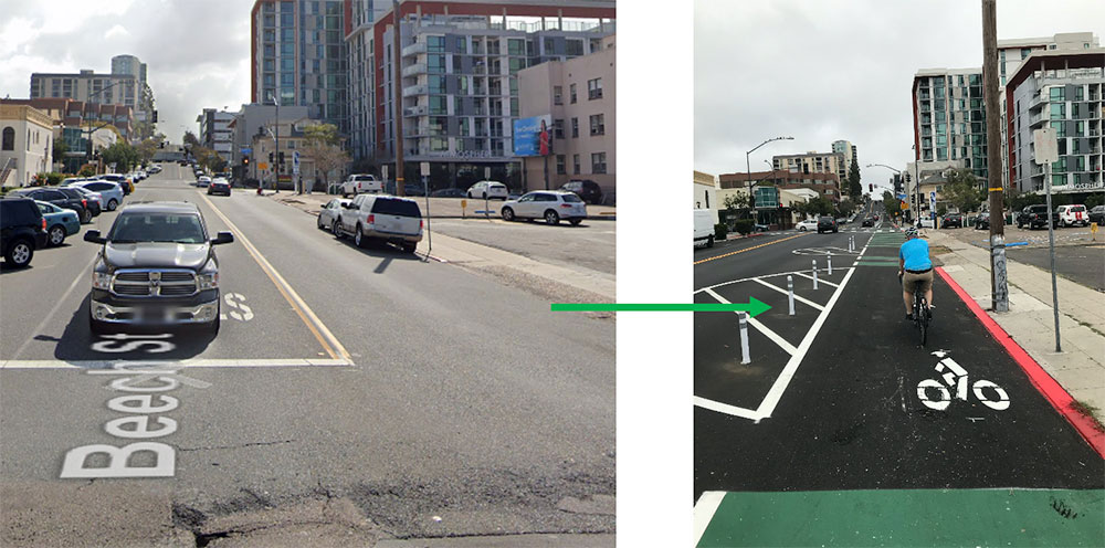 Before and after photo of bike lane on Beech Street