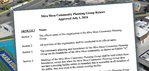 First Page of Mira Mesa Community Planning Group Bylaws overlayed on an aerial view of Mira Mesa High School