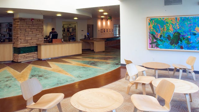 Lobby and circulation area inside the College-Rolando Library