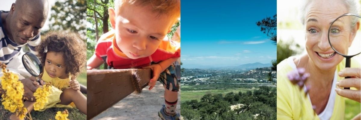 Collage image of adults and children exploring nature