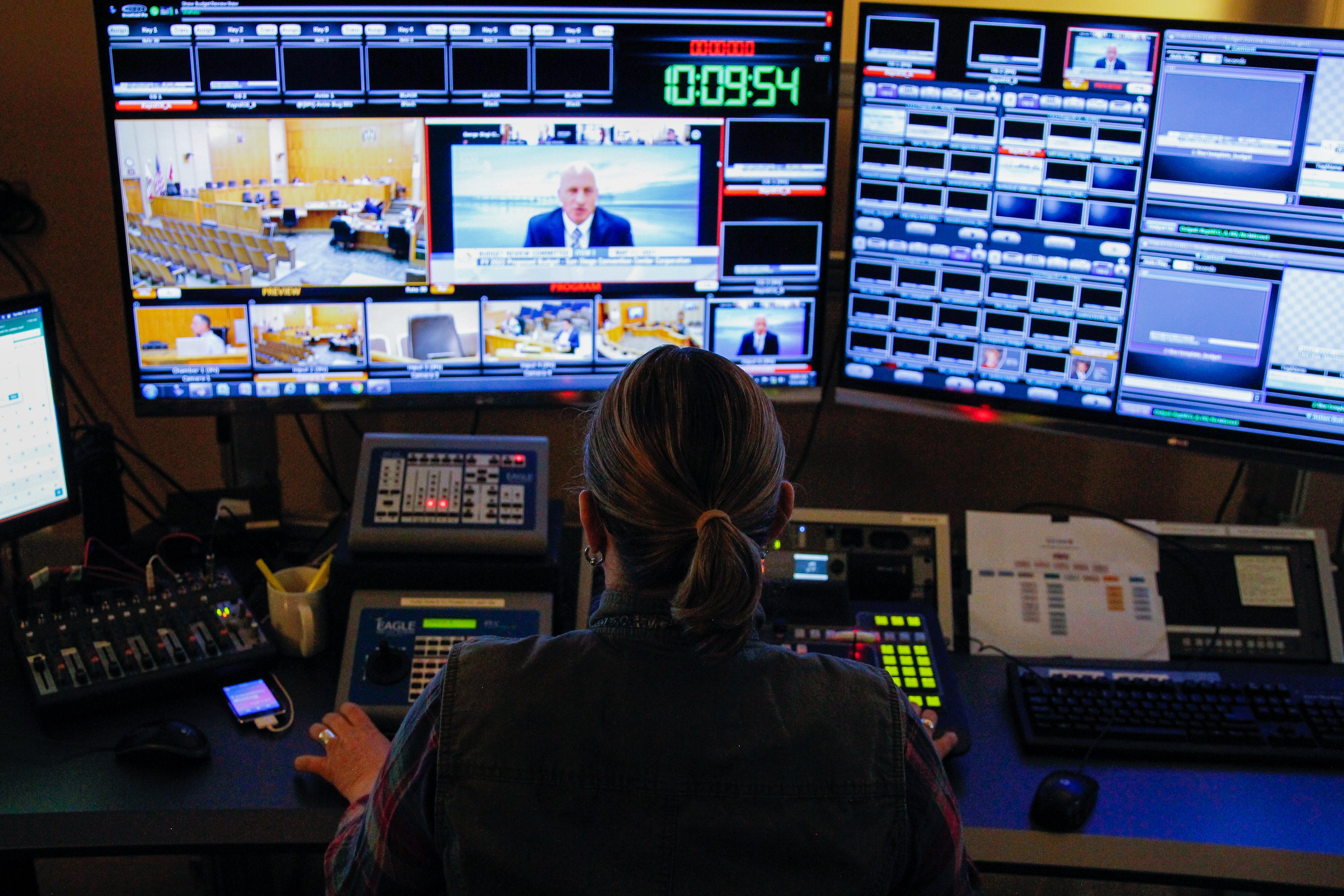 City staff person looking at video monitors