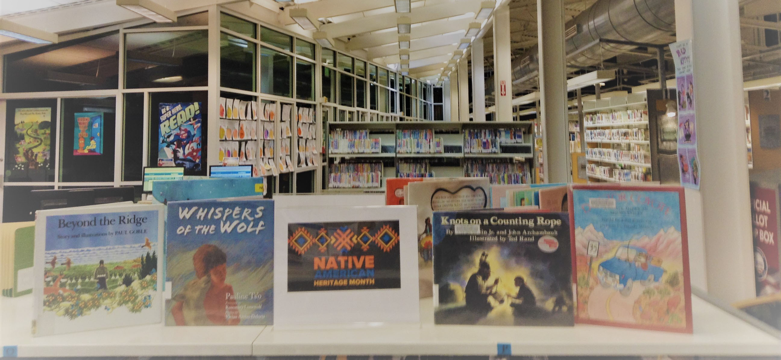 Book display for Native American Heritage Month at CM