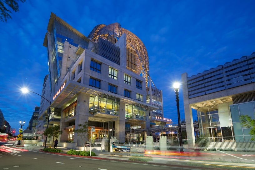 Exterior night shot of the San Diego Central Library