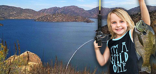 Photo of San Vicente reservoir lake and a child holding up a fish