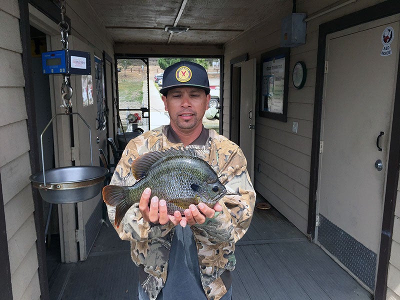 Angler displaying fish caught at reservoir lake