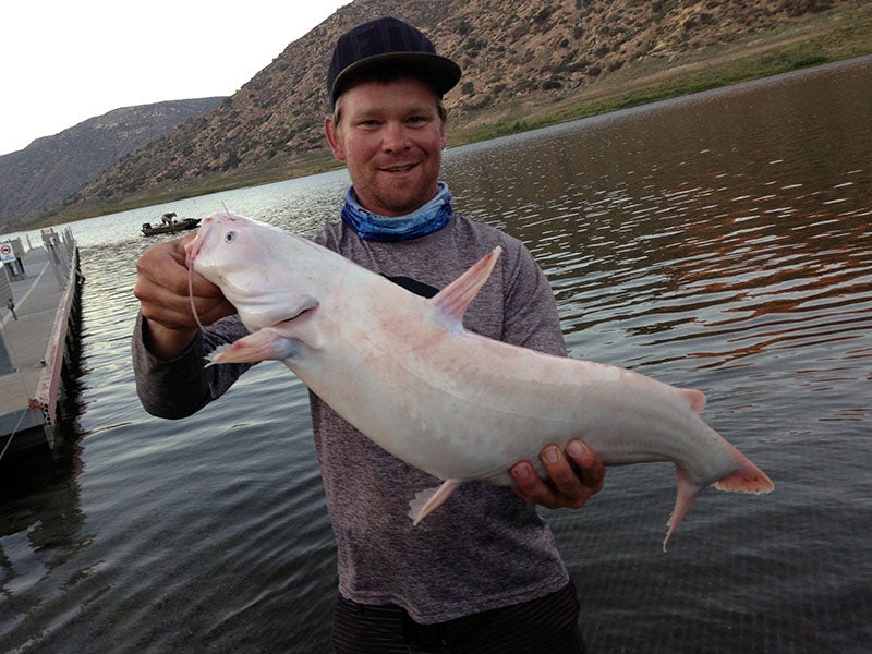 Angler displaying fish caught at reservoir lake