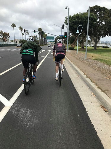 Bicyclists on a bike lane on Harbor Drive