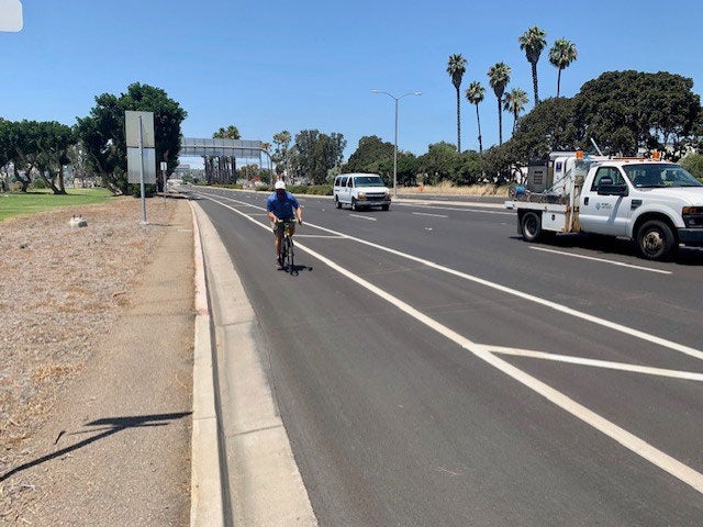 Bicyclist on a bike lane on Harbor Drive