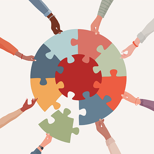 Illustration of hands from diverse group of people holding jigsaw puzzle pieces that form a circle