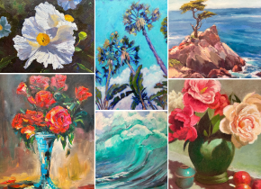 Collage of paintings by artists from the Rancho Santa Fe Art Guild. 