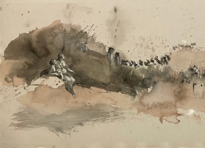 A painting of an abstract landscape and two detailed figures by artist Bridget Roundtree.
