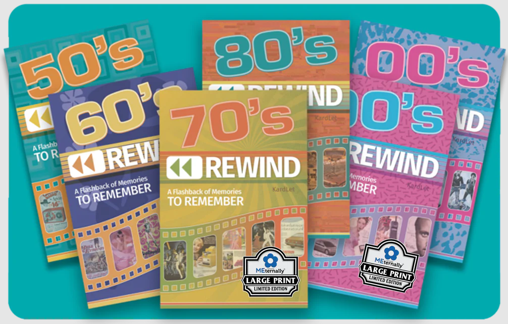 Teal, purple, yellow, orange, pink, and blue boxes labeled 50’s, 60’s, 70’s, 80’s, 90’s, and 00’s REWIND on a teal background.