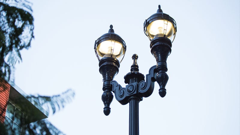 LED light fixture on top of a lamp post