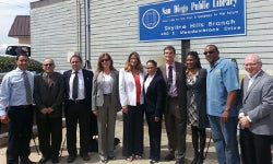 Photo of Project Assistant Jessiah Neff,Project Manager Siavash Haghkhah.Deputy Director of Architectural Engineering& Parks Mark Nassar,Senior Civil Engineer Elif Cetin,Assistant Chief Operating Officer Stacey LoMedico,Councilmember Myrtle Cole,Friends of the San Diego Public LibraryRepresentative John Mooney, San DiegoBoard of Education District E Member Marnie Foster,community member Ken Malbrough, and Library Deputy Director Bruce Johnson.