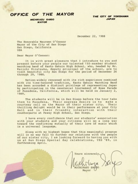 Letter From Yokohama Mayor Introducing Student Band City Of San Diego 