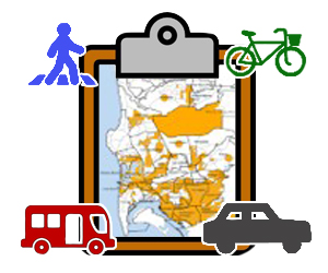 Illustration with map of San Diego on a clipboard surrounded by mobility options