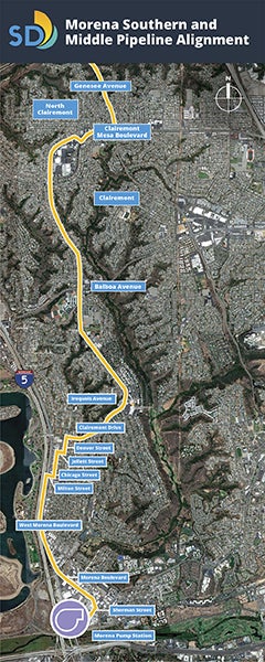 Satellite view of Morena Conveyance Bike Lanes project area