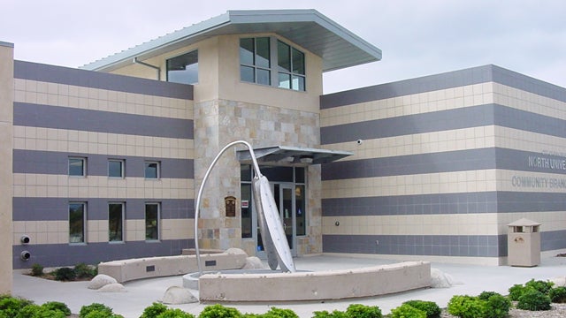 Sculpture in front of the North University Community Library