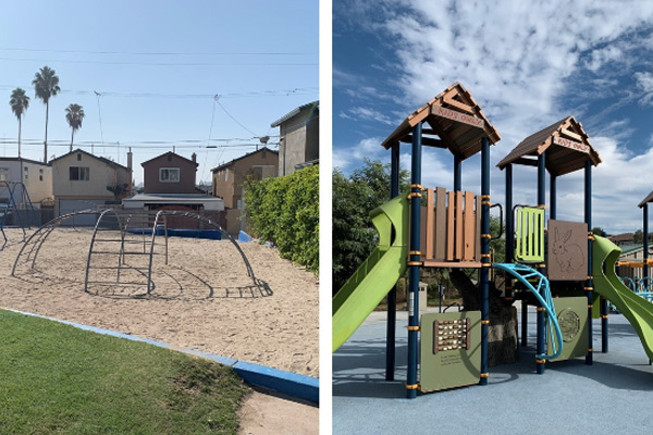 Photo of old metal playground next to photo of new composite playground