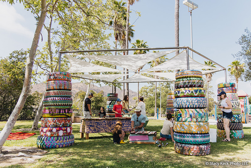 The Honeycomb Harmonies art installation at a park