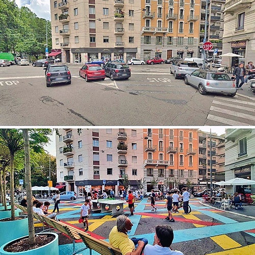 Before and after photos of a public street converted to a plaza