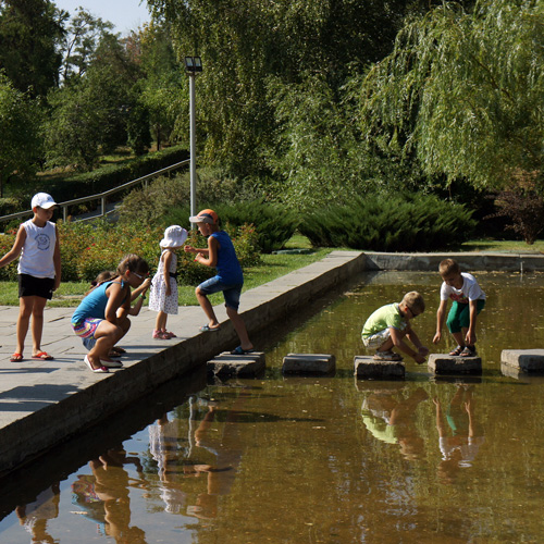 Children playing by a pond at a park