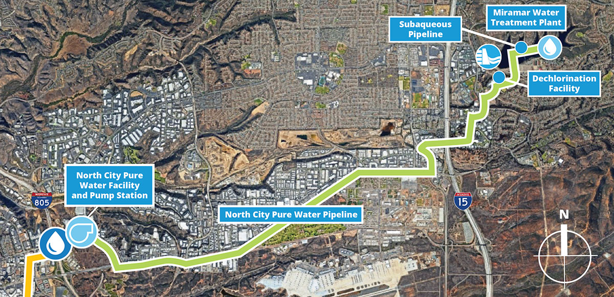 Satellite view of North City Pure Water Pipeline and Dechlorination Facility