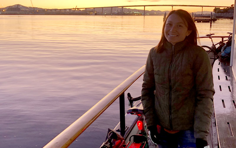 Angelica Rocha and her bike on a ferry