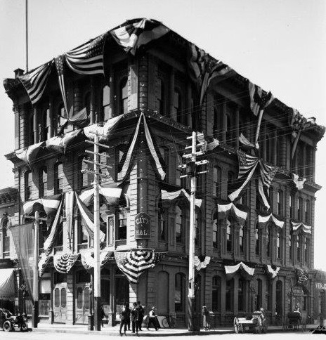 San Diego City Hall with flags and bunting&#44; 1912