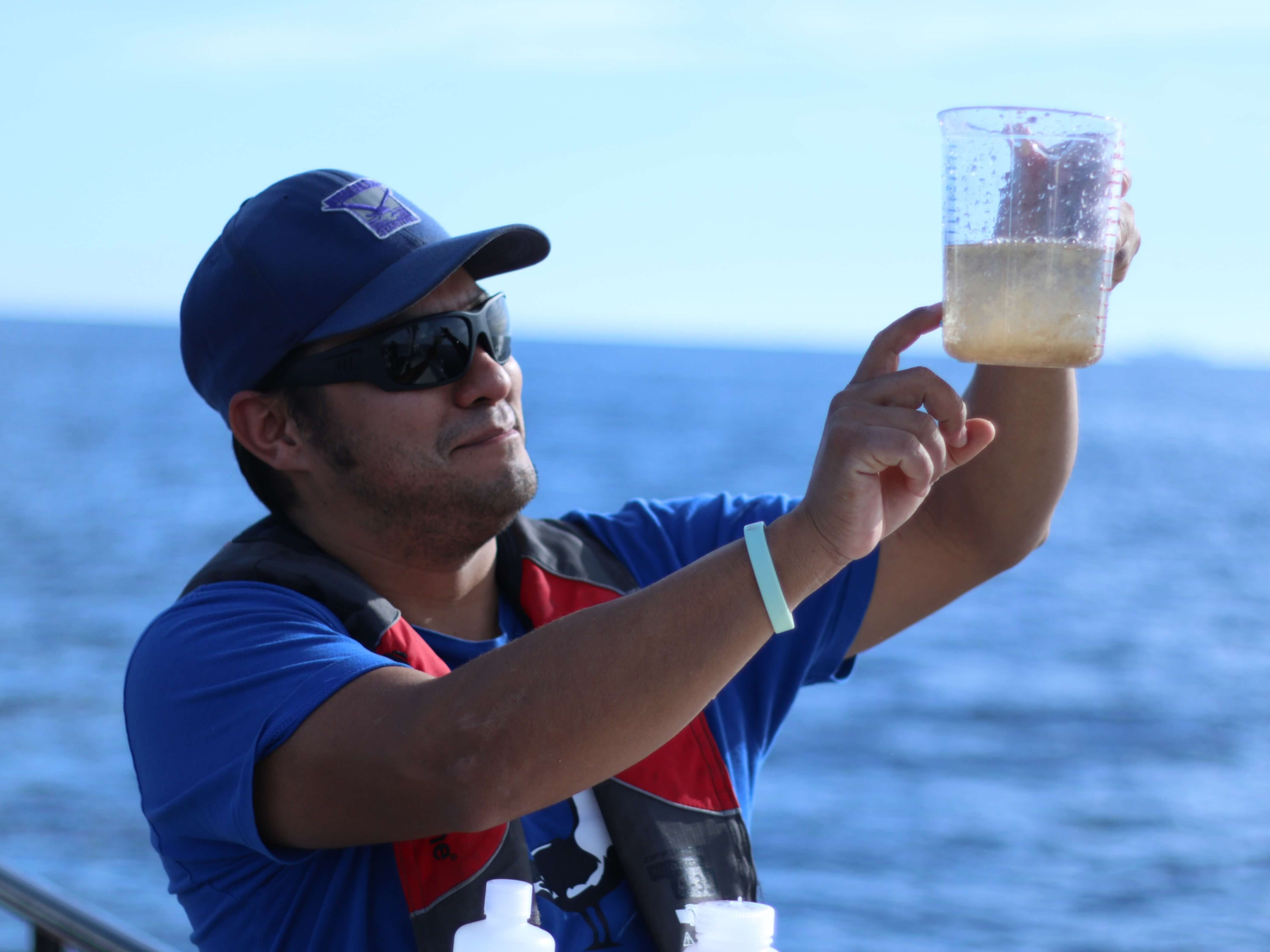 A marine biologist examines a sample collected from bongo net sampling to monitor the zooplankton community.