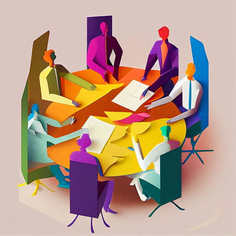 Color graphic of people sitting at a business table.