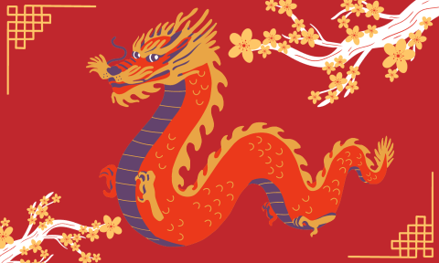 The year 2024 celebrates the dragon, the fifth animal in the Chinese zodiac. A red dragon with gold scales stands front and center.