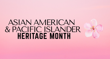 Black text reads, “Asian American & Pacific Islander Heritage Month.” The background is a soft pink and a single cherry petal blossom floats to the right of the text.