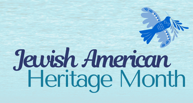 Blue text reads, “Jewish American Heritage Month.” The background is a pale blue and a single blue bird flies to the right of the text.