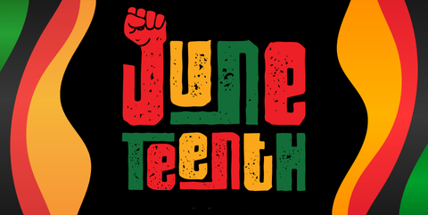 Black background with red yellow black and green groovy waves on the side. Text: Juneteenth stylized with a fist coming out of the J.