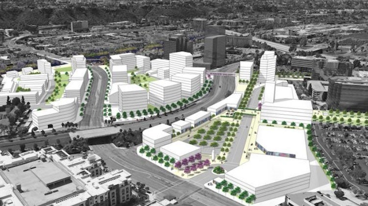 Rendering of planned buildings overlayed on an aerial map of a community