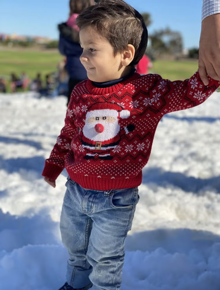 Boy walking in snow.