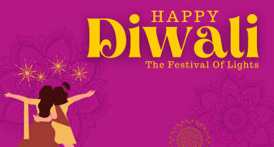 Alt text: Two figures embrace and look towards gold fireworks. The two figures stand in front of a magenta background embossed with Rangoli designs. Off centered, the banner reads, “Happy Diwali” and just underneath, “The Festival of Lights.”