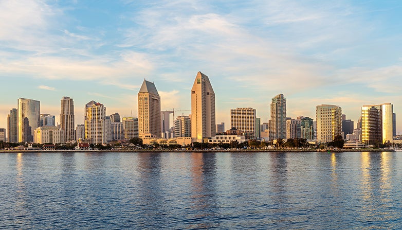 The San Diego downtown skyline at sunset