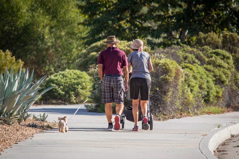 family walking with dog 