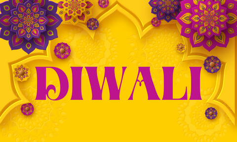 : Purple, yellow, and pink rangoli decorate a floral shaped arch surrounding the centered pink words ”Diwali.” The background is yellow with embossed yellow rangoli designs.